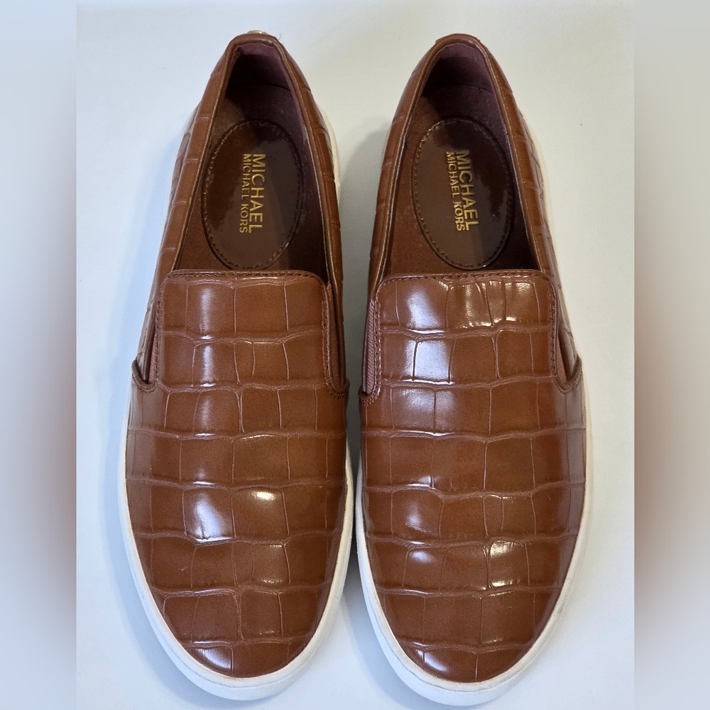 Michael Kors Brown Croc Embossed Patent Slip On Shoes Sz 7 Luxury Preppy